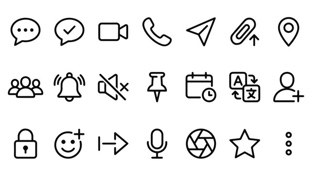 Editable communication and social media line art icon set for mobile apps and software. Message, call, video, location, settings, and business.
