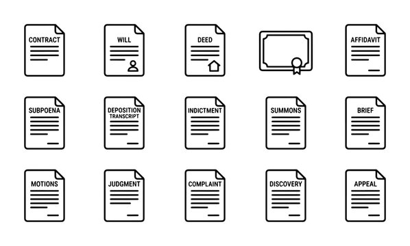 Legal Document Icons Set: Contract, Will, Deed, Affidavit, Subpoena, Brief, Appeal
