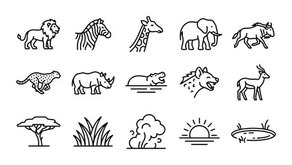 African Safari Animals Vector Icons Set: Lion, Giraffe, Elephant, Zebra, Wildlife Graphics © Tanjina