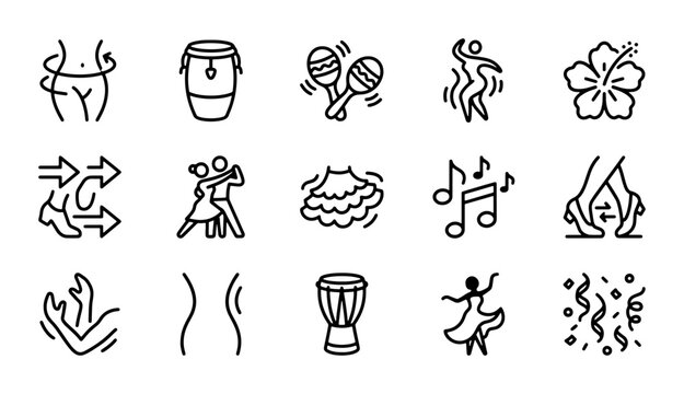Latin Dance Icons: Salsa, Tango, Conga Drums, Maracas, Tropical Flower, Music Notes, Confetti