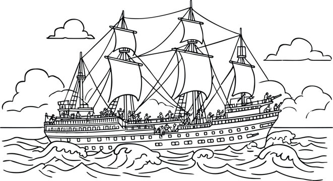 Historical wooden galleon ship with multiple masts and sails, featuring a busy crew on deck navigating through ocean waves, black and white vector art for coloring