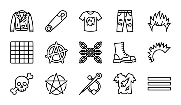 Punk Rock Icons Set: Leather Jacket, Safety Pin, Anarchy Symbol, Ripped Jeans, Mohawk