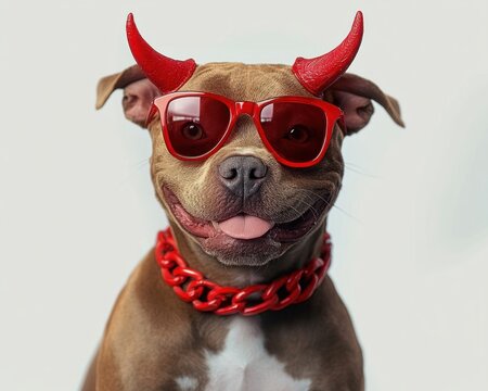 happy brown dog wearing red sunglasses, red devil horns and chunky red chain collar, tongue out in playful studio portrait