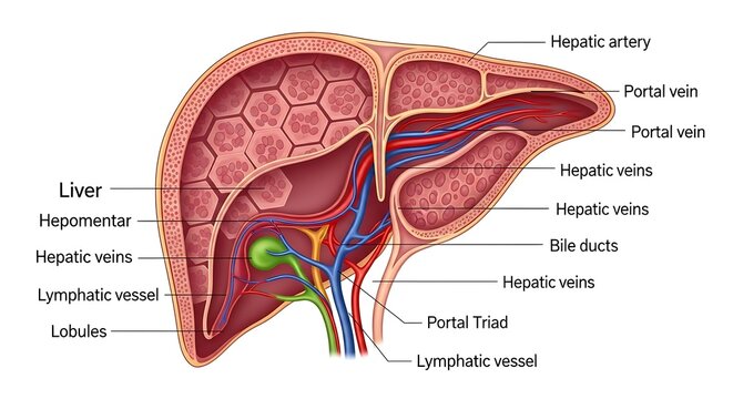 Liver anatomy with labeled hepatic structures.