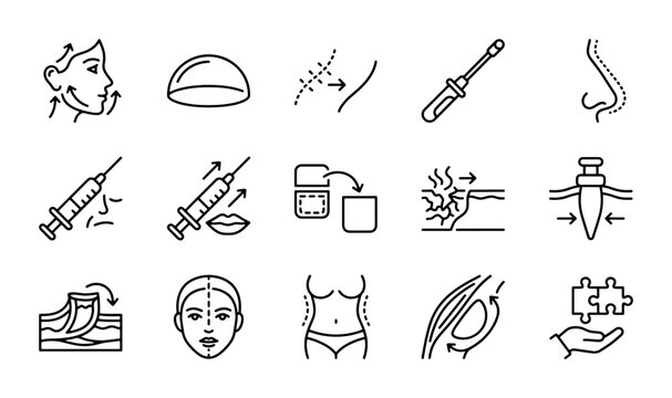Cosmetic Surgery Icons, Plastic Surgery Vector Graphics, Beauty Enhancement Symbols, Medical Procedure Illustrations