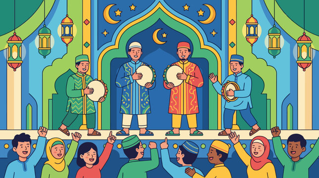 Vibrant illustration of people celebrating Ramadan with traditional drums and decorations.