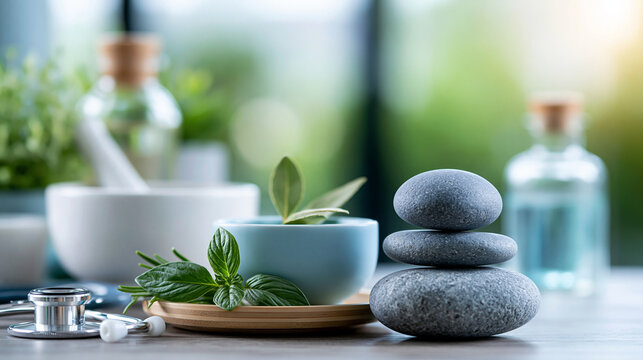 Close-up of an integrative health clinic visualization showing Western and Eastern medicine elements together, blended healthcare concept, holistic treatment photography,