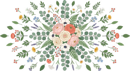 Symmetrical floral burst vector illustration with roses and eucalyptus leaves radiating from the center on a white background. © nice