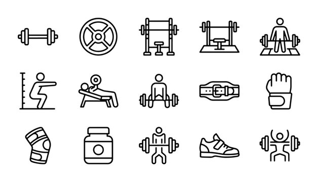 Fitness Icons Set: Dumbbell, Barbell, Weight Plate, Squat, Bench Press, Gym Equipment, Sports Gear, Workout Accessories