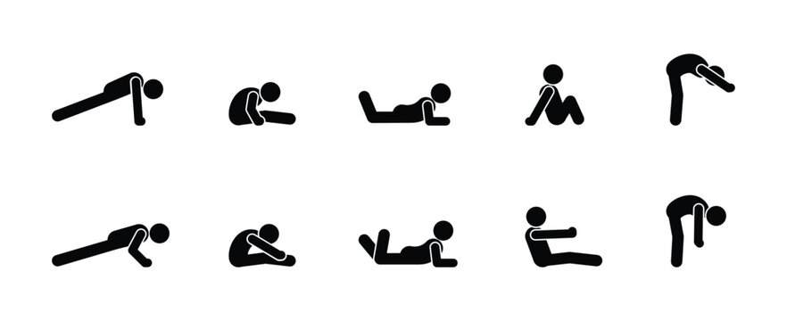 Vector stickman pair poses with sitting positions and push up exercises. Black human figures isolated on transparent background illustration.