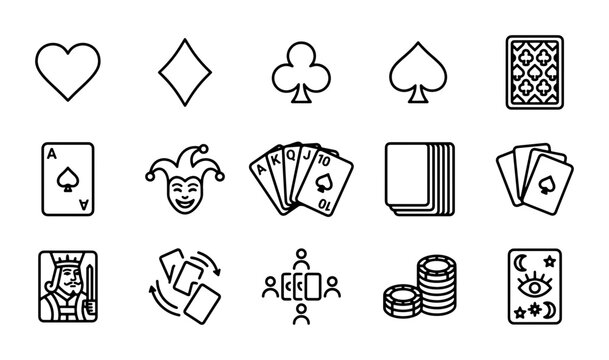 Playing Card Icons Set, Casino Game Symbols, Poker and Blackjack Vector Graphics