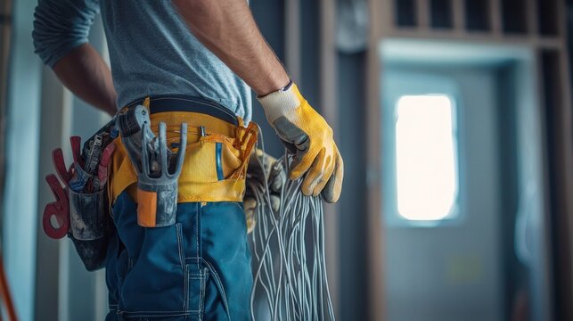 Construction worker holding wires