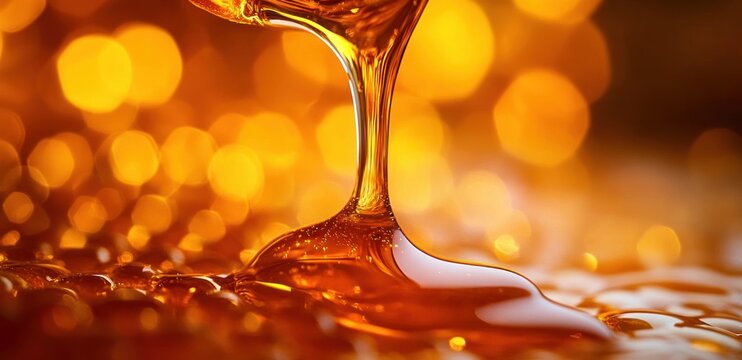 close-up of golden viscous honey pouring in a glossy stream over an amber surface with warm bokeh lights, luscious and indulgent