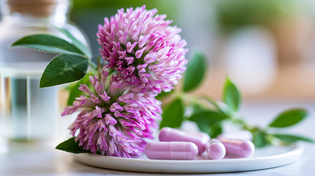 Close-up of red clover flowers beside phytoestrogen supplement pills on a white surface, women's hormonal health concept, natural menopause remedy, plant-based supplement,