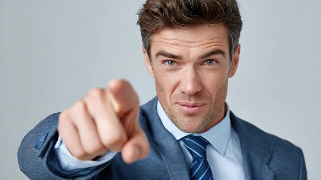 Confident Glance and Direction: A focused professional, impeccably dressed in a suit and tie, pointing directly forward with conviction. His expression exudes assertiveness.