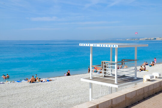 Blue Mediterranean beach scene in Nice on the French Riviera