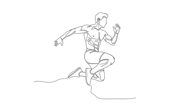 Athletic Man Jumping Mid-Air, Dynamic Fitness Pose, One Line Drawing Style
