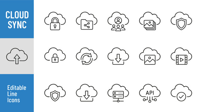 Editable cloud sync and data storage line art icon set for software, computing, and web applications. Set of 15 minimalist black and white vectors.