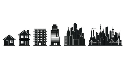 Fototapeta premium Editable icon set for urbanization and city growth. Real estate development, architecture, skyscrapers, town planning, houses, black and white vector