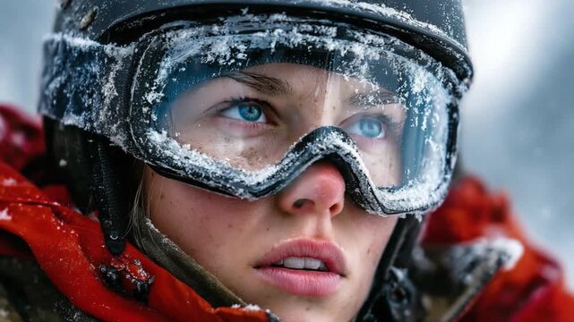 Resolute Vision in Winter's Embrace: A determined individual, adorned in winter gear, gazes forward with a resolute expression, their eyes reflecting the intensity of the cold environment.