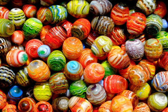 Colorful glass marbles at Paris flea market