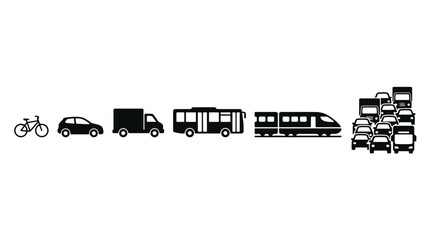 Editable transportation and urban mobility icon set featuring bicycle car truck bus train and traffic jam silhouettes in a black and white design. © Ai