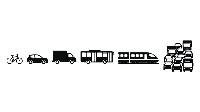 Editable transportation and urban mobility icon set featuring bicycle car truck bus train and traffic jam silhouettes in a black and white design.