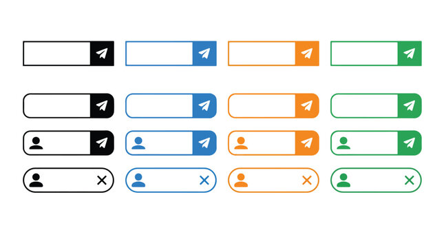 Editable user interface search bar and chat message box icon set for web app design, featuring send, user profile, and close symbols in four colors.