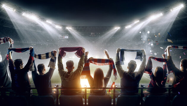 A packed stadium erupts in cheers and waving scarves, celebrating a thrilling sports event under bright lights