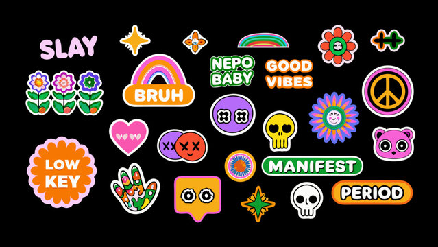 Collection of colorful sticker designs with playful typography and graphic elements on a black background high quality professional