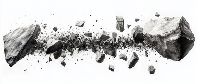 two large jagged boulders with a central cloud of shattered rock fragments and dust suspended in midair, conveying dramatic tension and explosive motion