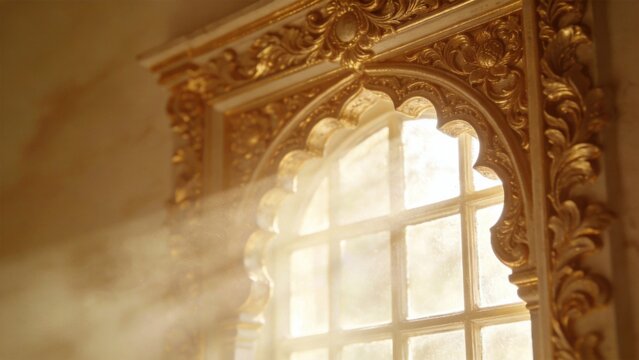 Ornate window with golden frame