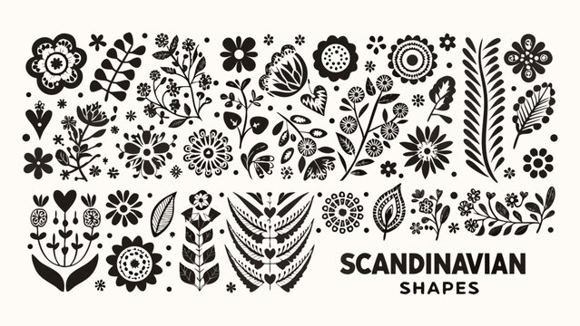 black floral arrangement and botanical shapes scandinavian style vector illustration on white background high quality professional detailed modern