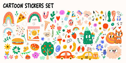 cartoon stickers set with colorful whimsical illustrations of rainbows flowers food and animals on a white background © Sujit