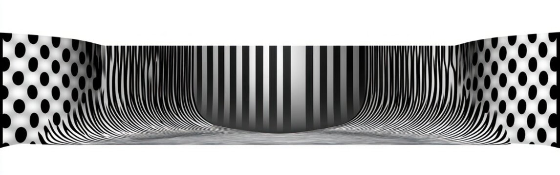 monochrome curved tunnel with vertical stripes and large polka dot walls creating a hypnotic, disorienting sense of depth and dynamic motion