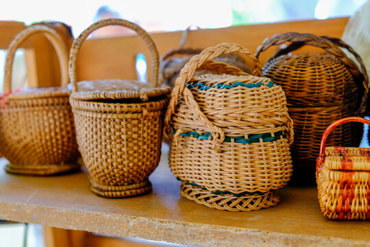 Wicker baskets displayed at Paris flea market