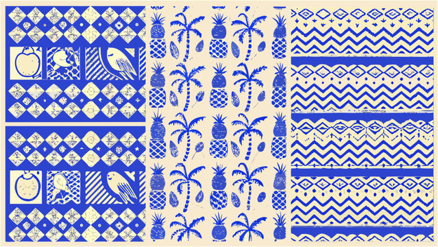 blue and cream patterned textile with pineapples birds and geometric shapes decorative print high quality professional detailed modern
