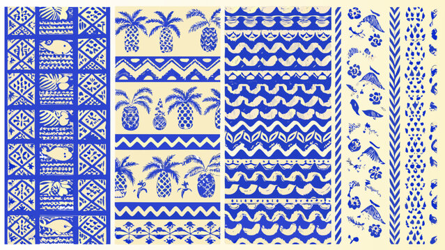 blue and white tropical pattern panels with palm trees pineapples and geometric designs high quality professional detailed modern