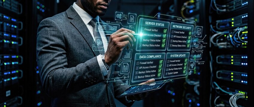 Data management and compliance strategies in modern data centers technology sector infographic high-tech environment close-up view cybersecurity concepts for enhanced protection