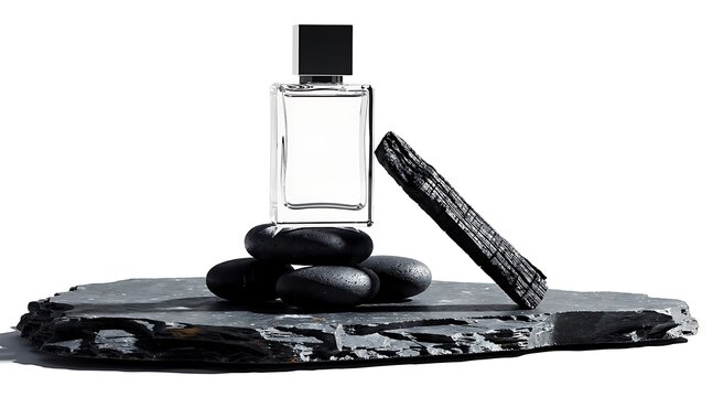 Elegant Perfume Bottle on Black Stones and Slate Minimalist Composition.