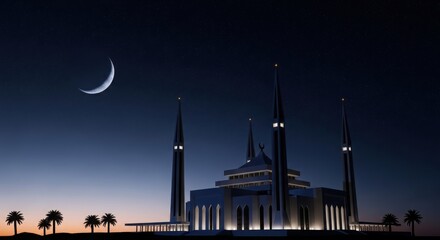 Fototapeta premium Faisal mosque at night with crescent moon and starry sky
