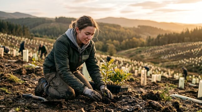 A dedicated woman kneels to plant a young tree sapling on a vast, reforested hillside under a warm, golden sunset, with many other newly planted trees visible.