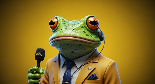 Frog in business suit holding microphone.