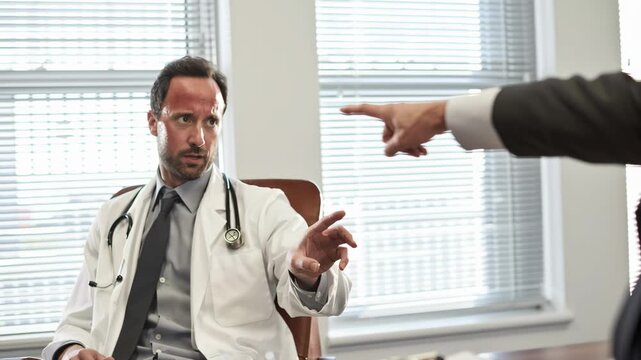 Lawyer Pointing Accusing Finger at Stressed Doctor During Medical Malpractice Trial