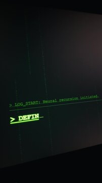 Green computer terminal screen displays lines of code and a prompt about neural recursion and defining self. Concept of artificial intelligence consciousness, digital soul, and simulation.