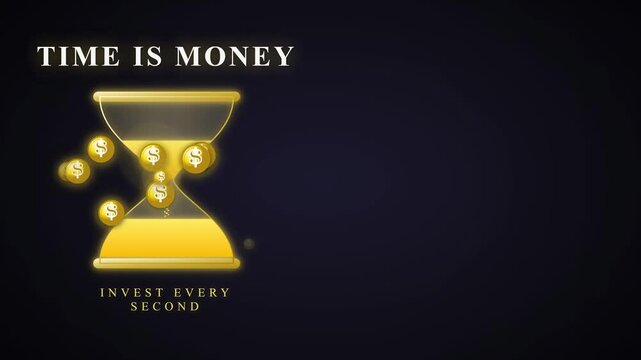 Hourglass symbolizes time turning into money concept against dark background. High quality 4k business footage.  Copyspace ready.