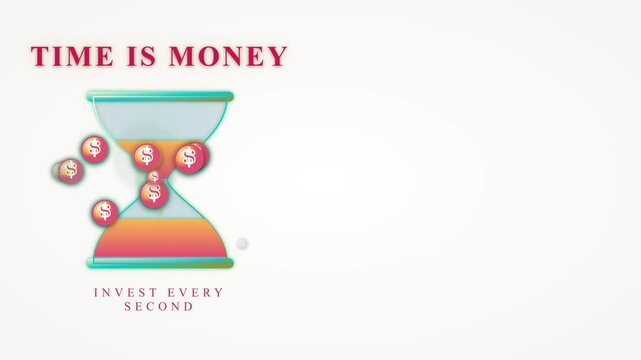 Hourglass symbolizes time turning into money concept against white background. High quality 4k business footage. Copyspace ready.