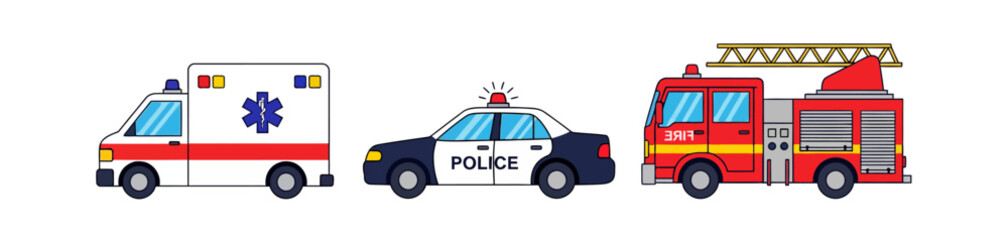 Set of Cartoon Emergency Service Vehicles Ambulance Police Car Fire Truck Vector Illustration © Enggin