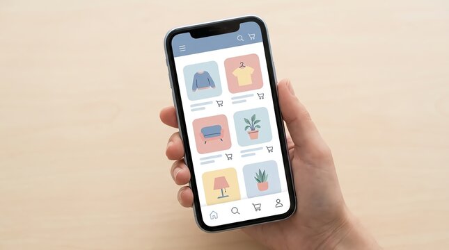 Online shopping application interface on a mobile device held in a hand