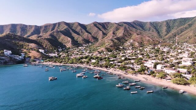 Aerial View of Taganga and Tayrona Coast &ndash; Cinematic Caribbean Nature near Santa Marta in Colombia